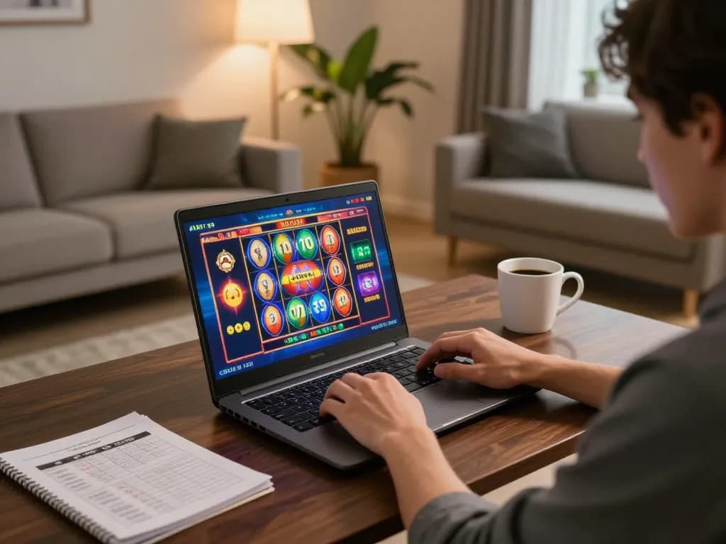 Player enjoying xx88 online slots from a cozy home setup, surrounded by gaming notes and coffee