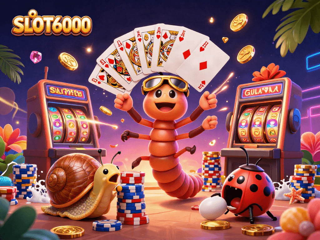SLOT6000 spins into action, featuring a cartoon millipede dealer and vibrant slot game elements.
