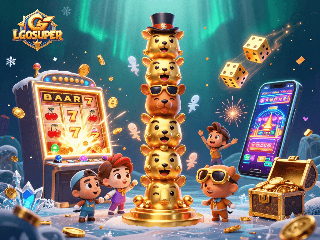 Spin and win with LGOSUPER's vibrant cartoon scene showcasing exciting slot games and jackpots.