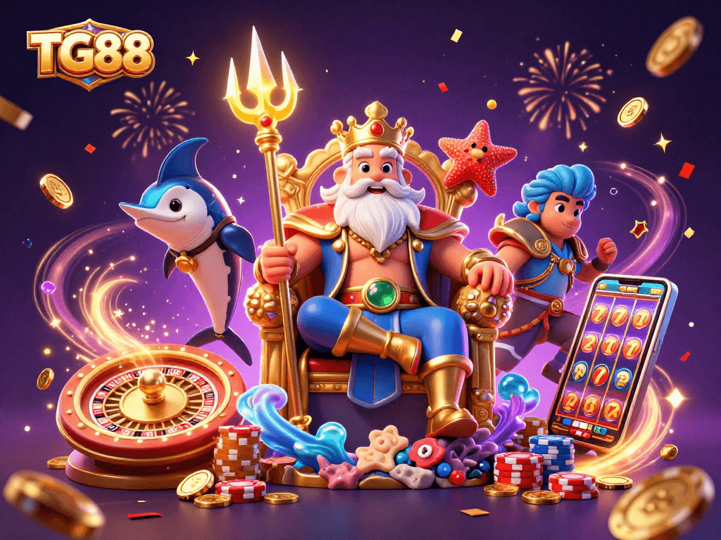 Play exciting games at TG88 with Neptune and friends celebrating wins among golden coins and roulette spins.