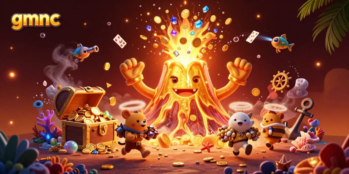Experience gmnc's thrilling casino adventure with colorful gems and treasure amidst a lively 3D scene.