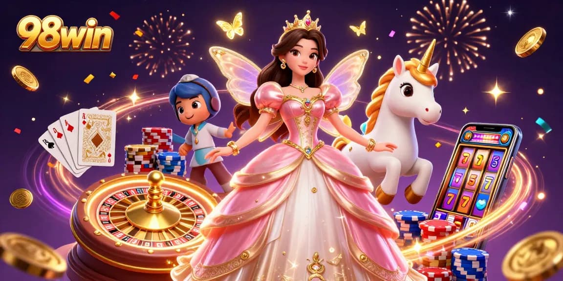 Experience the enchantment of 98win's online casino with a glamorous scene of vibrant games and rewards.