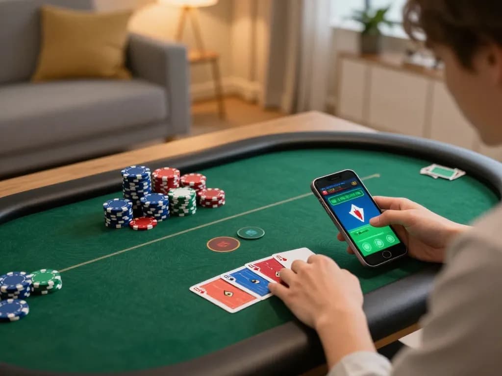 Player engaging in an online poker game on sc 88 platform, showcasing strategy and excitement in a cozy home