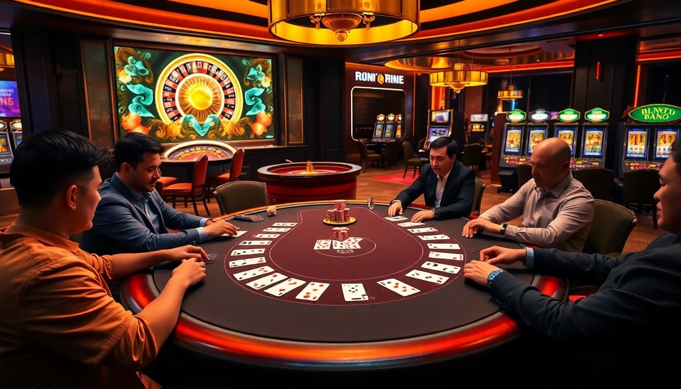 Experience the excitement at Nhà cái RR99 with vibrant poker tables and spinning roulette wheels.