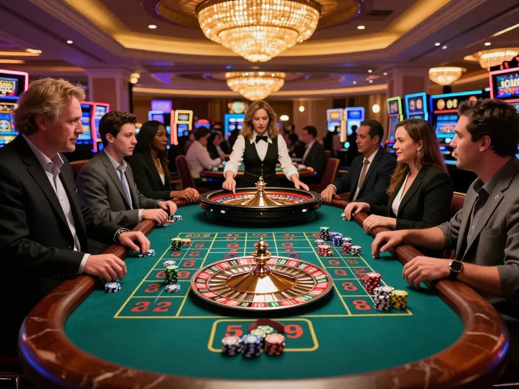 Players engaged in roulette at casino table, excitement builds around number 5679 with vibrant chips and elegant atmosphere