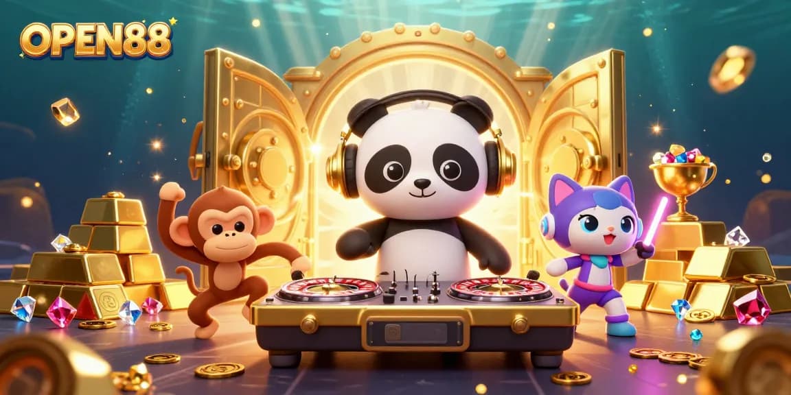 Experience thrilling gaming action with OPEN88, featuring vibrant casino elements and eye-catching characters.