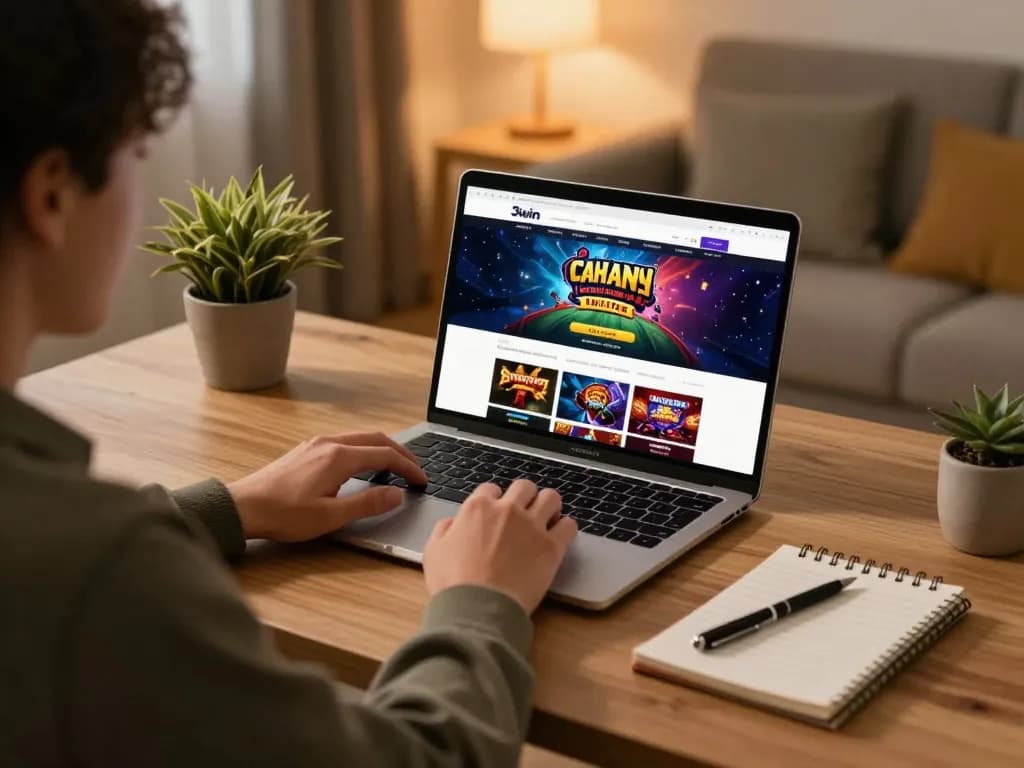 Engaged player using 3win platform for online gaming, surrounded by strategy notes in a cozy setup.
