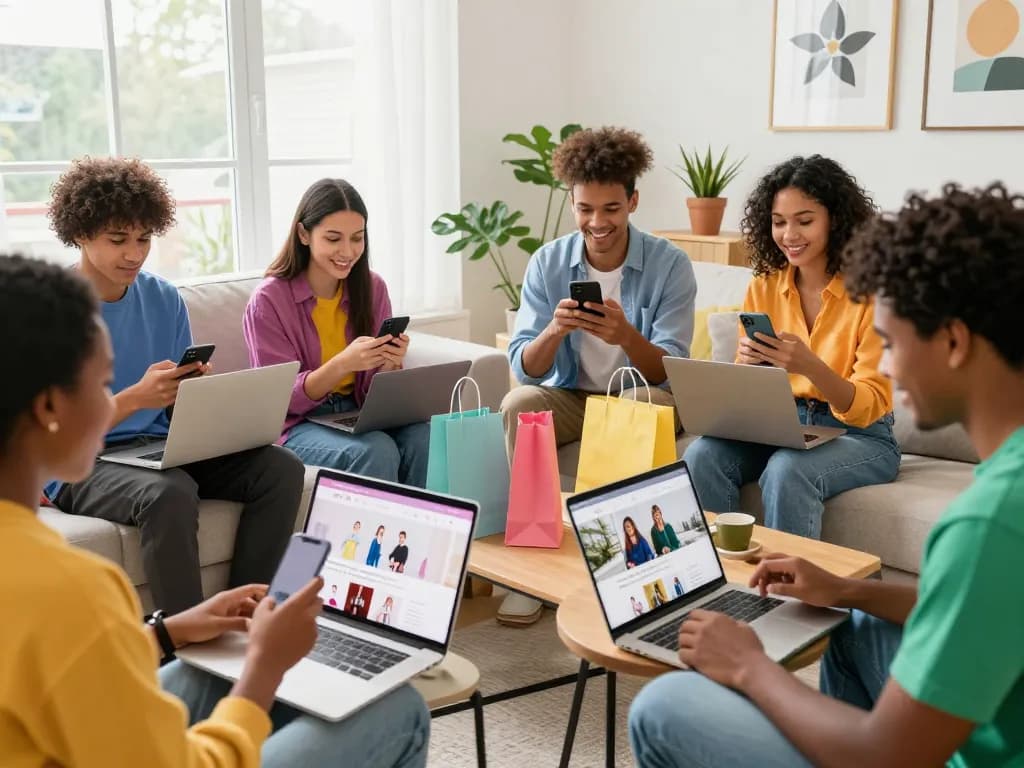 Engaged shoppers browsing sales and new products on https://hubet88.icu/ in a lively living room.
