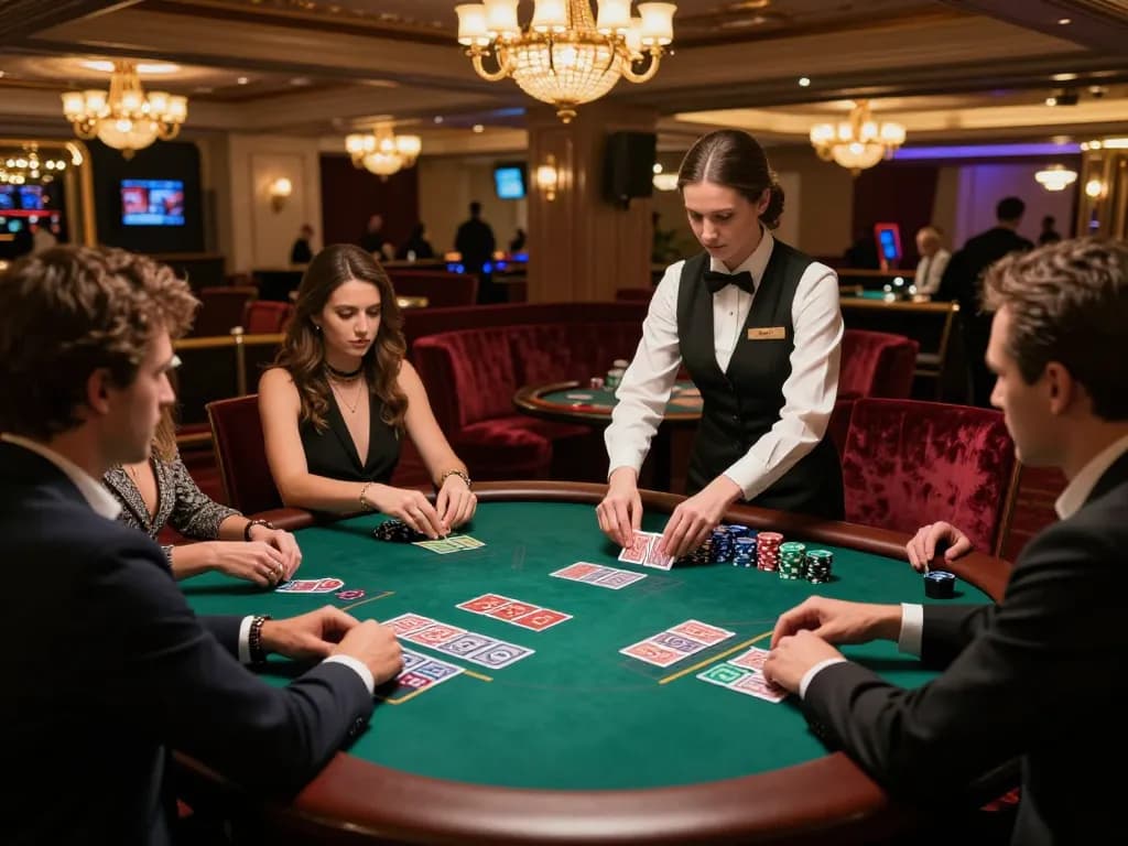 Players strategizing their bets at the nhà cái tic88 blackjack table in a vibrant casino atmosphere.