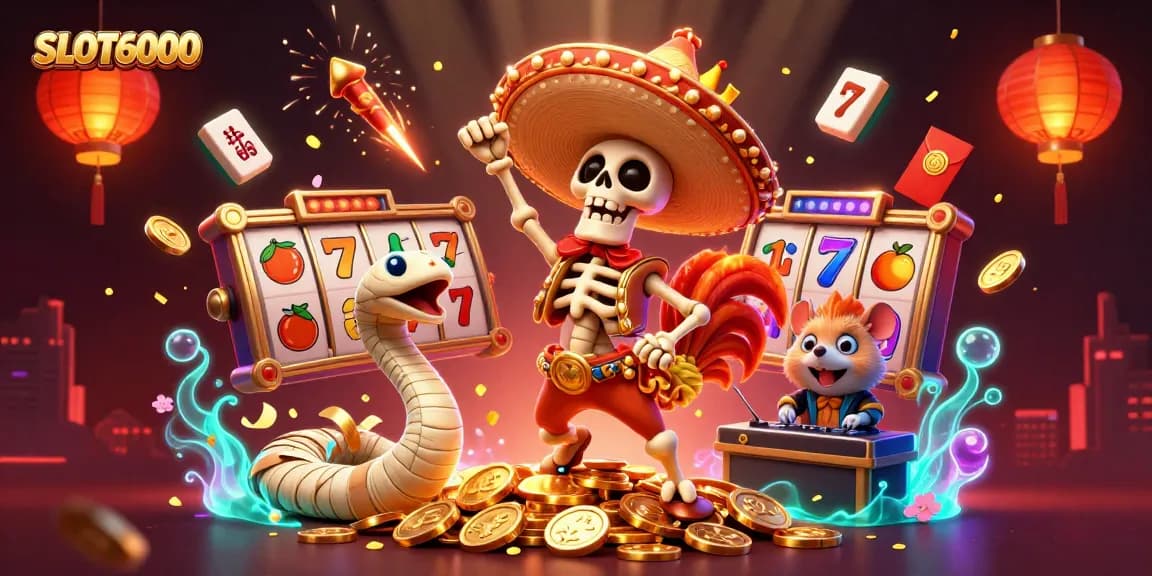 SLOT6000 features a festive 3D illustration with a dancing mariachi rooster amidst slot reels and golden treasures.