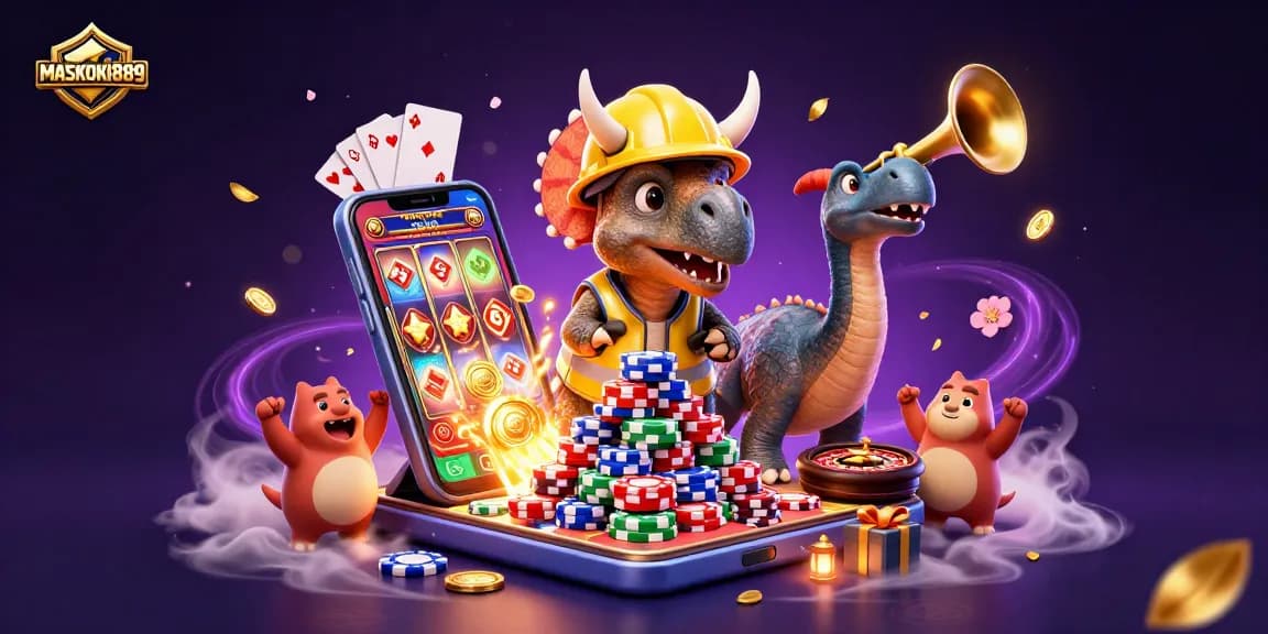 Experience the excitement of MASKOKI889 with vibrant casino-themed 3D illustration and thrilling gaming elements.