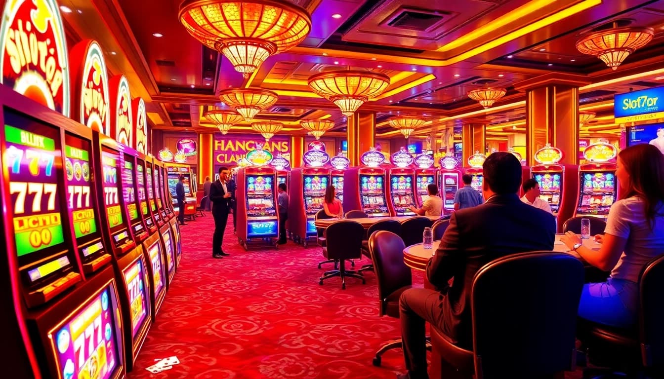 Captivating scene of players enjoying the slot777 games at a luxurious casino.