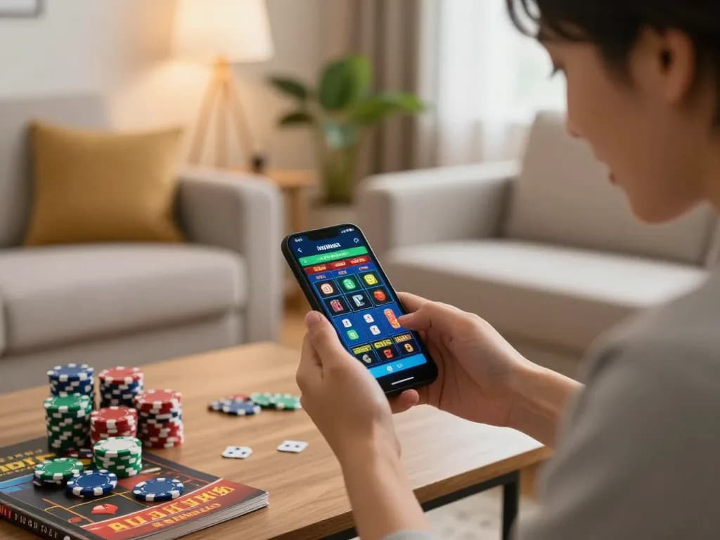 Person placing bets on TR88 slot game app in a cozy living room setting