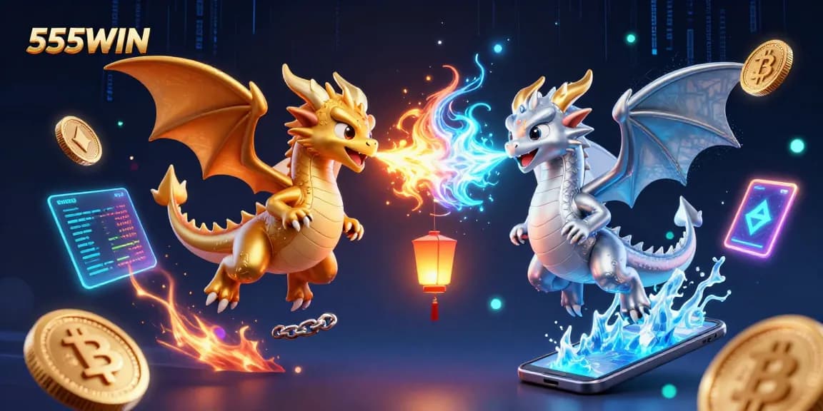Experience thrilling bets with 555WIN as dynamic dragons breathe fire and ice in a vibrant gaming scene.