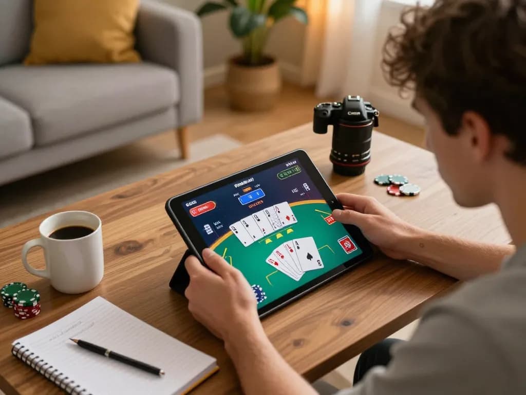 Experience thrilling no hu poker action on tablet with cozy home setup.