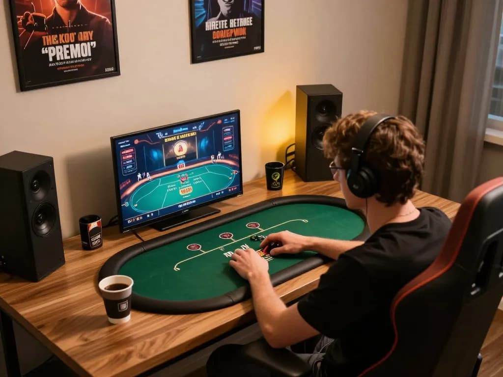 Engaging in competitive Fun88 online poker game at stylish gaming setup with strategic notes.