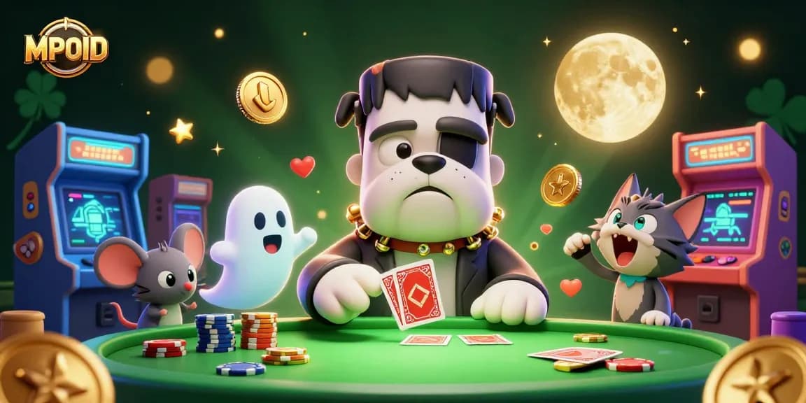 Join the game with MPOID at a lively casino table where a bulldog monster deals cards surrounded by vibrant elements.