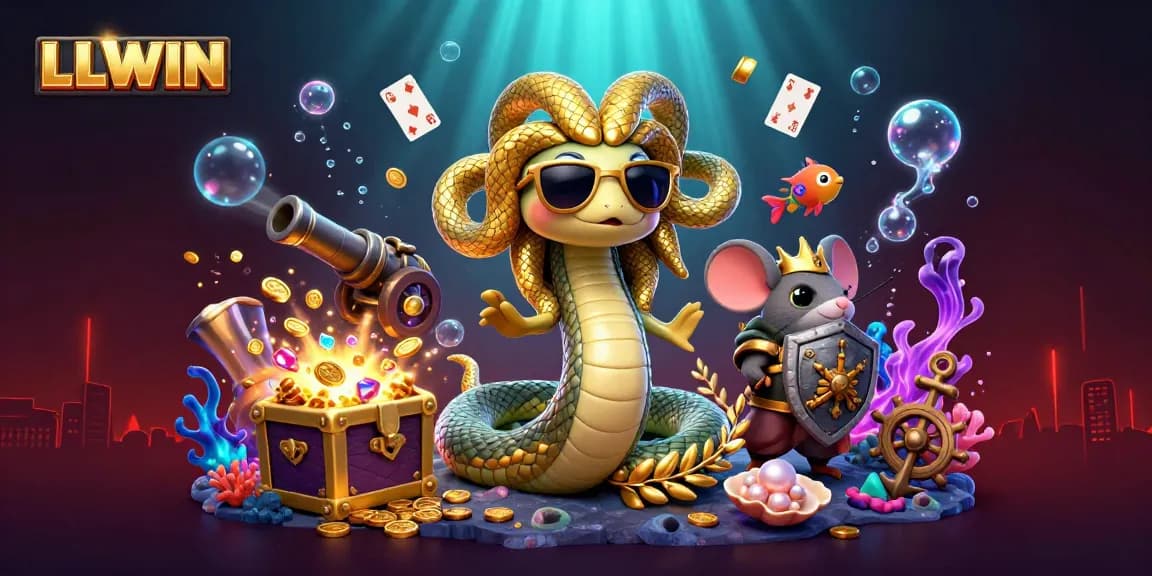 Play games at LLWIN with a fun 3D Medusa, warrior mouse, and vibrant gaming elements.