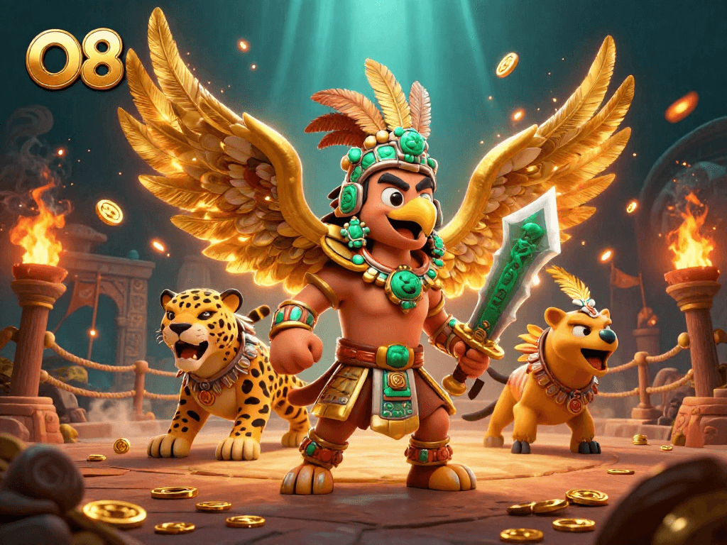 Experience thrilling action with O8 as Aztec warriors compete in an epic gaming arena.
