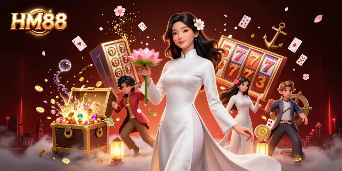 Engage with HM88's vibrant casino world featuring slot games, gold coins, and charming characters.