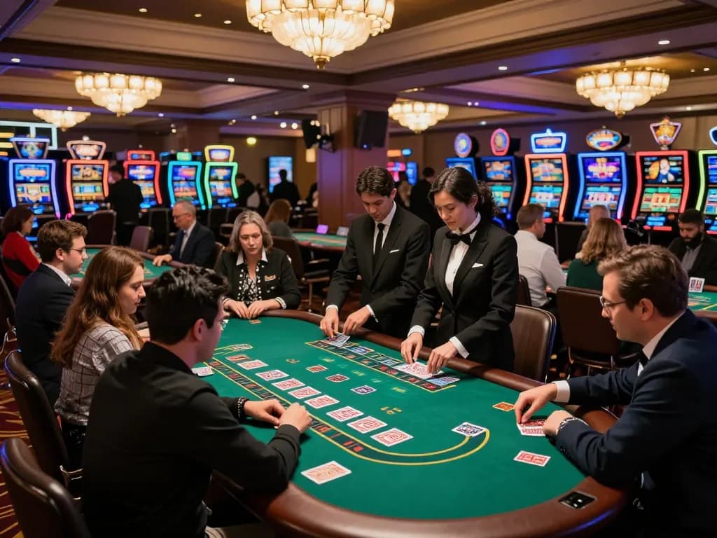 Engaged players at MB66 blackjack table with professional dealer managing bets.