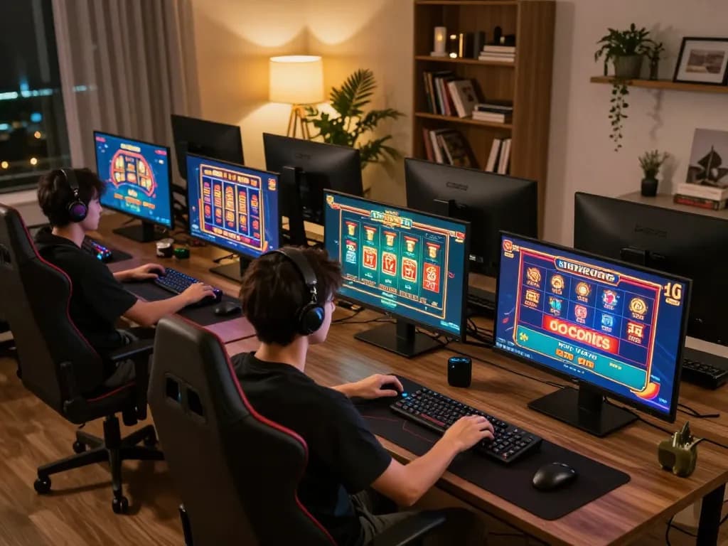 go8 player engaging in dynamic online casino gaming with multiple screens in a stylish setup