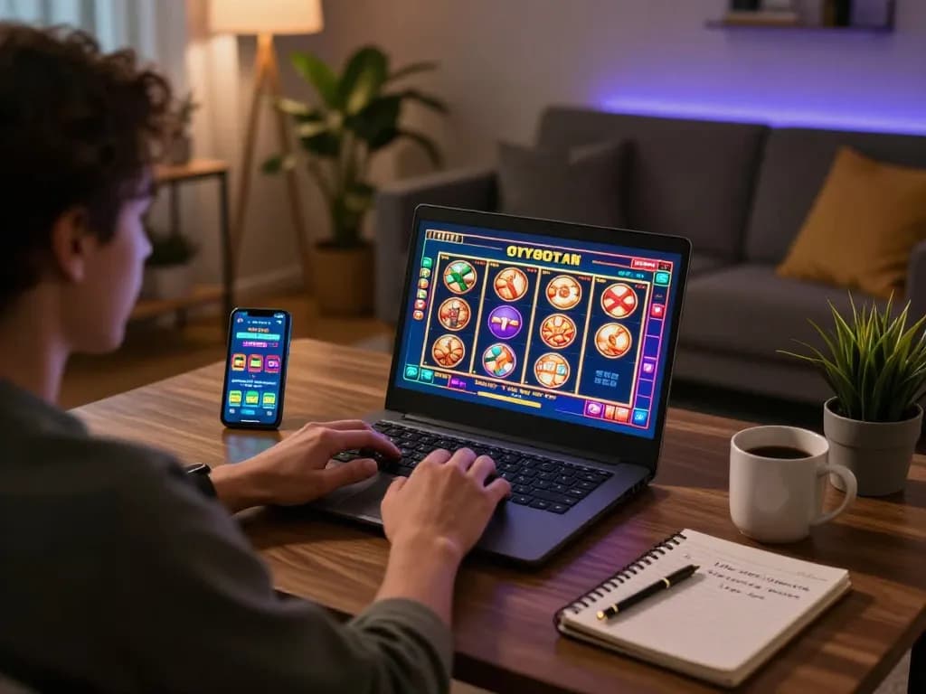 Engaged player at home enjoying TR88 online casino games on laptop with strategic notes.