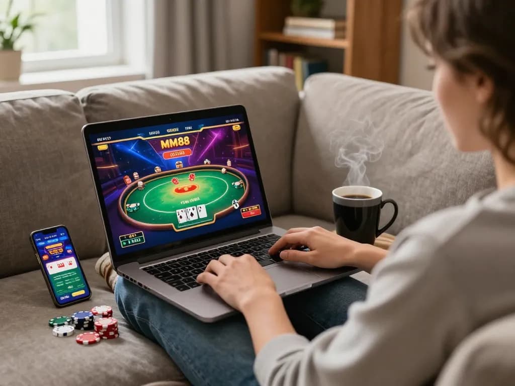 Engaging gameplay on MM88 casino app while enjoying a cozy home atmosphere.