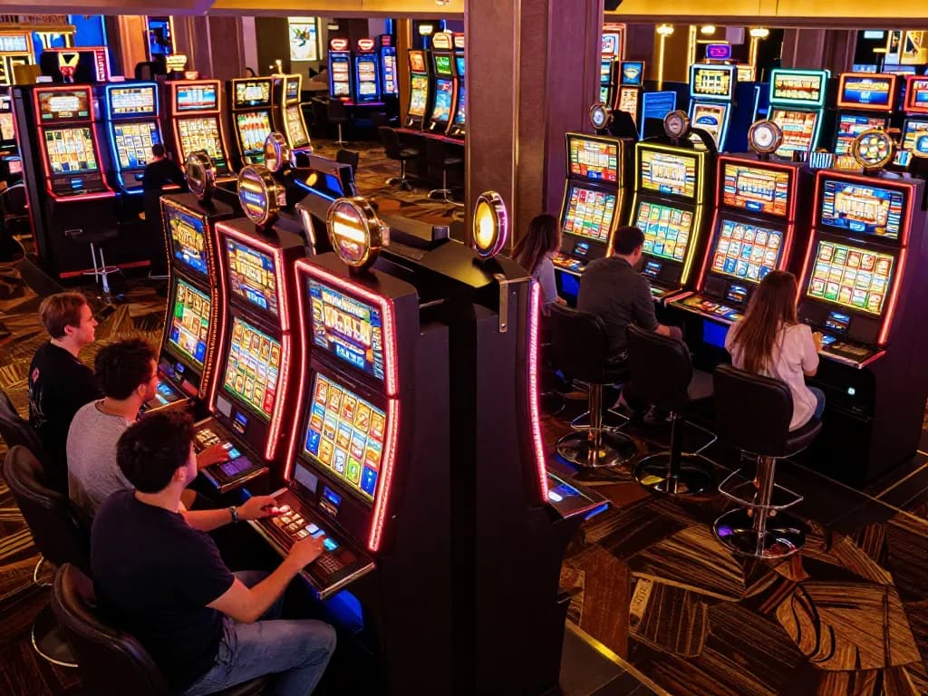 Players enjoying thrilling slot gacor hari ini experience at a vibrant casino with colorful machines and lights