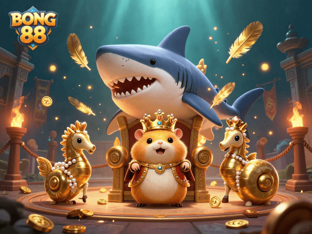 BONG 88 depicts an epic underwater battle with a golden hamster king on a shark throne surrounded by seahorse guards.