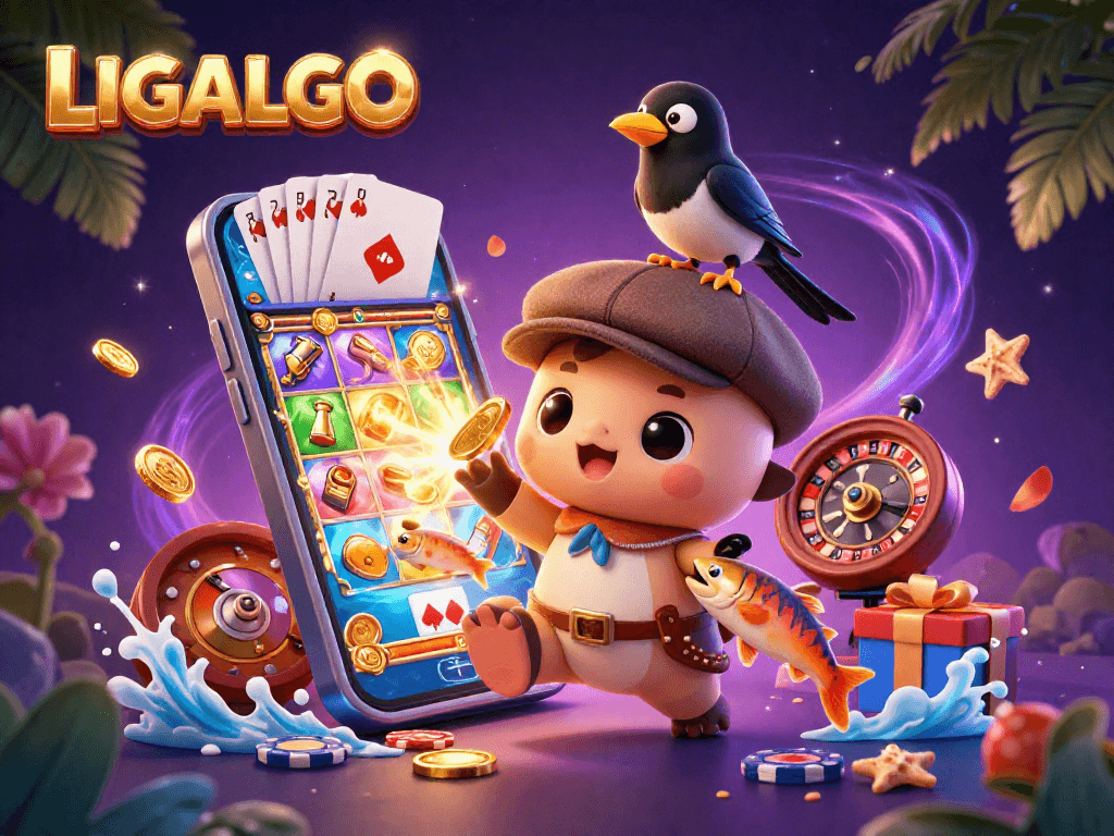 LIGALGO showcases an exciting 3D cartoon scene with characters enjoying various casino games and dynamic elements.