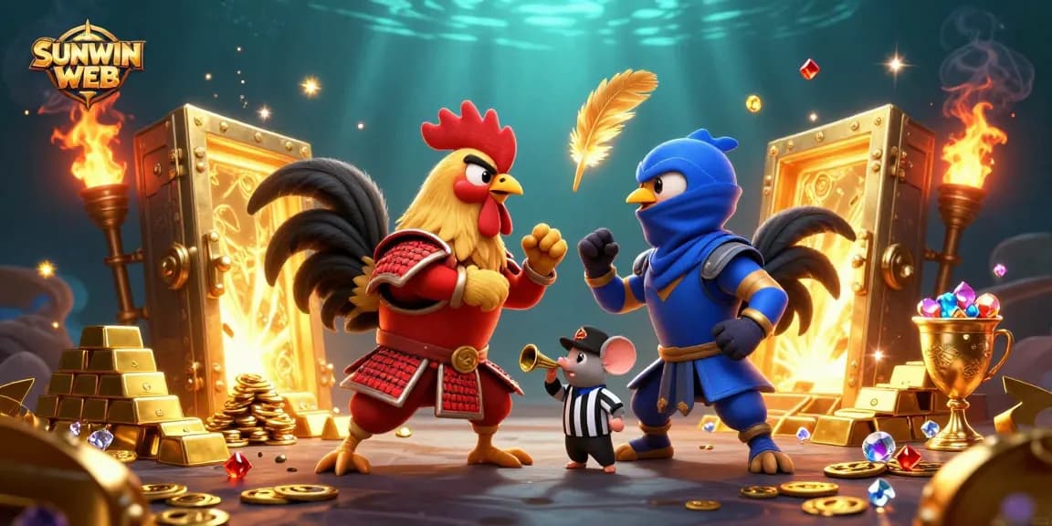 Engage in thrilling wins with SUNWIN WEB featuring cartoon roosters in a gambling showdown.