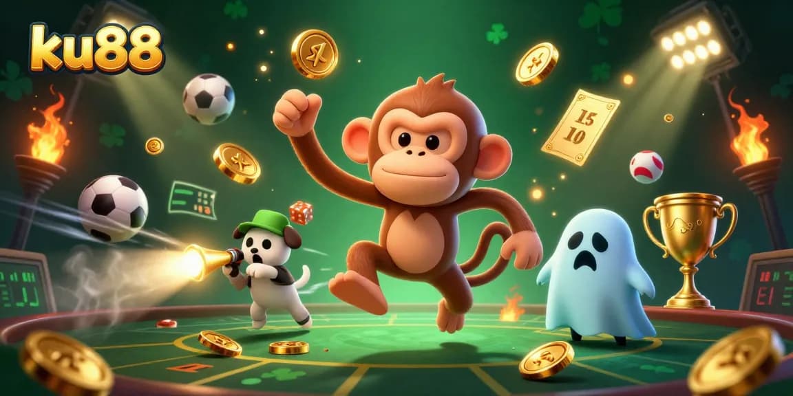 Engage with ku88 as the poltergeist monkey juggles golden casino treasures in a dynamic haunted scene.