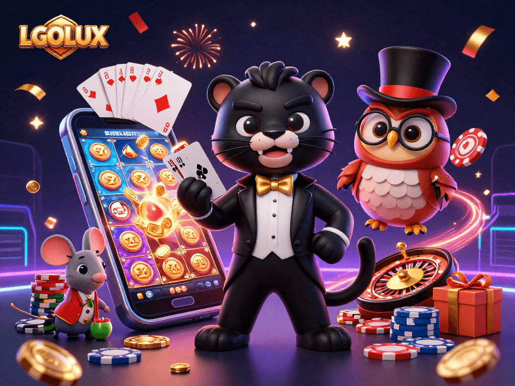 Experience the thrilling gameplay of LGOLUX with the stylish panther dealing cards amidst vibrant casino elements.