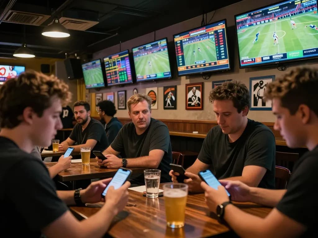 Betting enthusiasts viewing kèo nhà cái on smartphones in an exciting sports bar environment