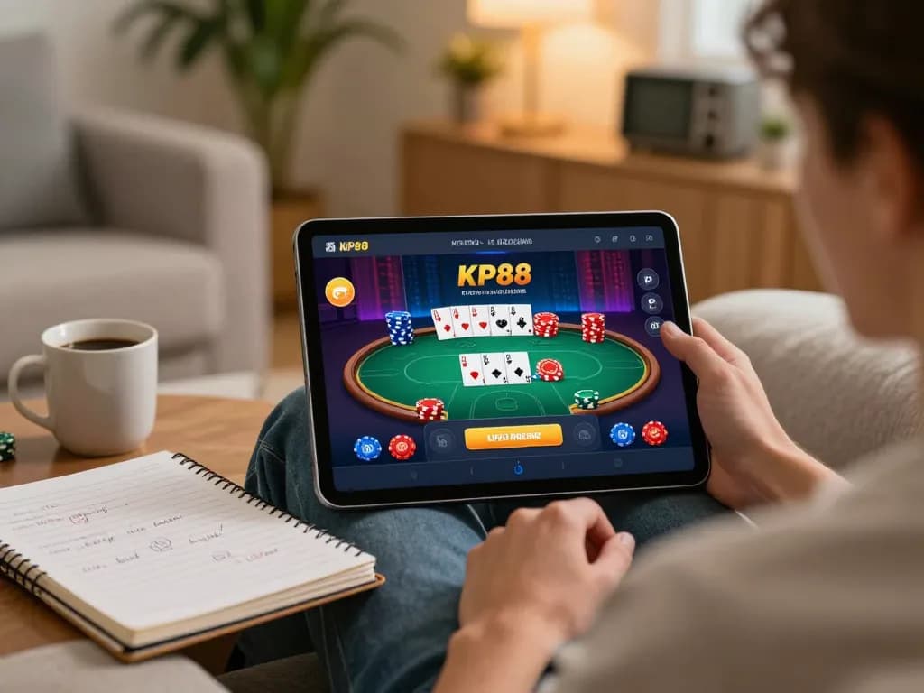 Engaging KP88 online gameplay on a tablet, showcasing poker strategy in a cozy home setting