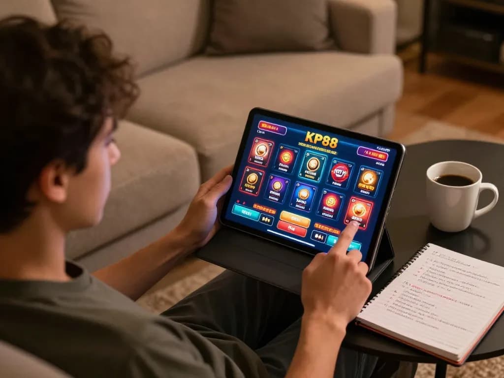 Player engaging with KP88 online casino app, analyzing strategies in a cozy home environment.