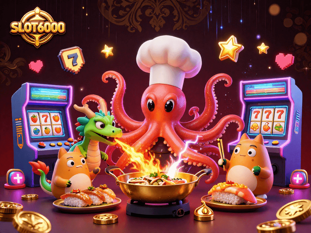 SLOT6000 delivers a vibrant 3D scene with a sushi chef octopus and dragon surrounded by slot machine excitement.