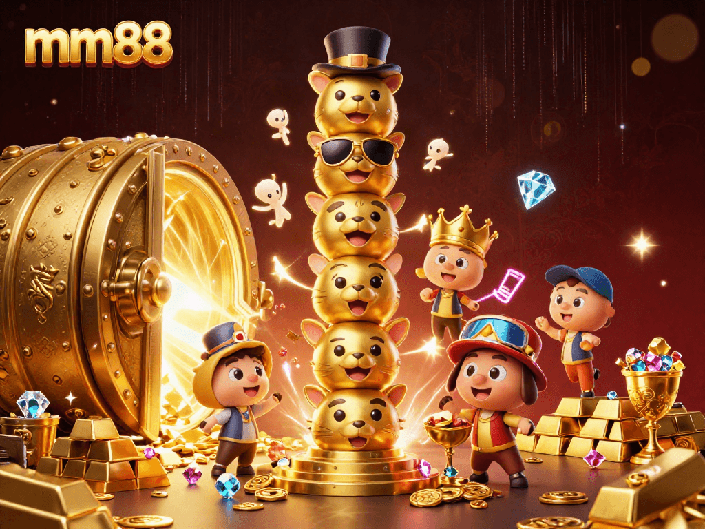 Experience mm88's vibrant casino world with interactive characters and treasures in a stunning 3D illustration.