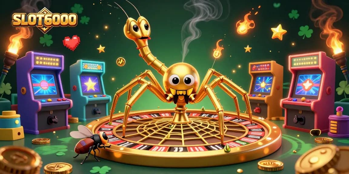 SLOT6000 unleashes thrilling excitement with a golden spider spinning roulette while a nervous fly bets.