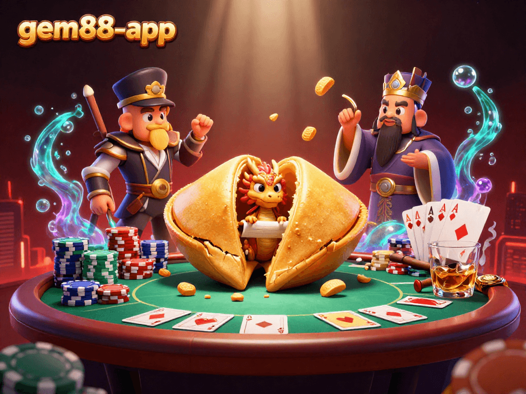 Experience thrilling action with gem88-app at a vibrant poker scene featuring whimsical characters.
