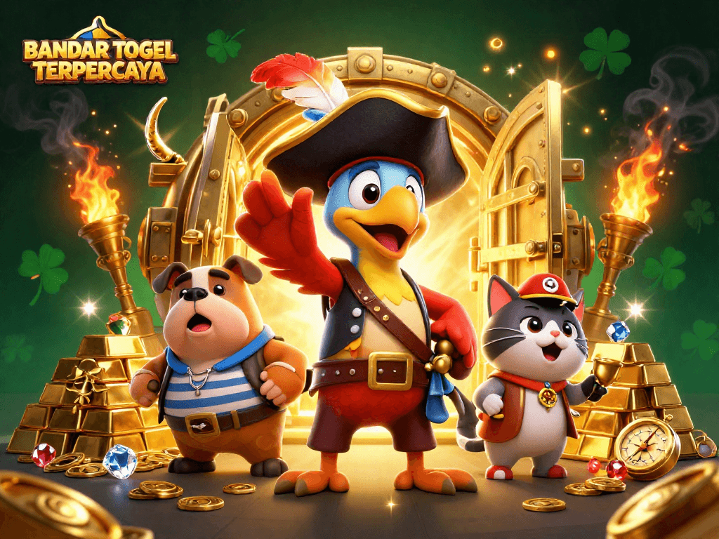 BANDAR TOGEL TERPERCAYA showcases vibrant casino adventures with treasure elements and animated characters.