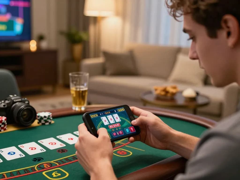 Engaged in online casino gameplay with c168, a player studies blackjack cards on a smartphone in modern home