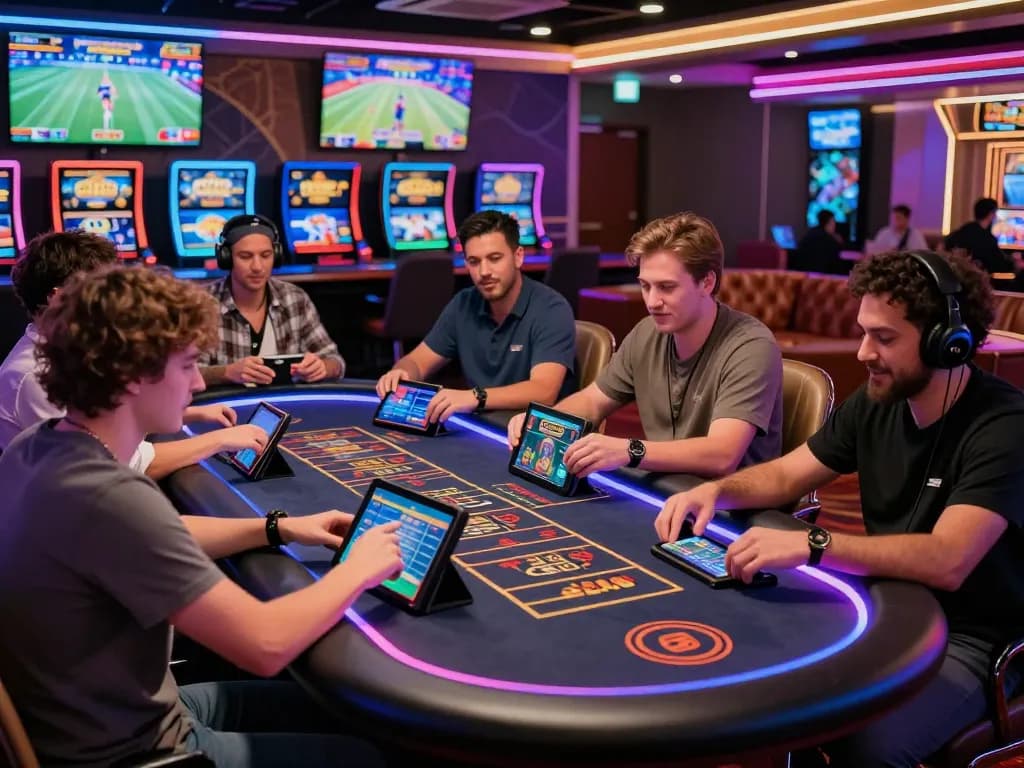 Engaged players at God55 online gambling platform showcasing excitement, vibrant atmosphere, and high-tech gaming environment.