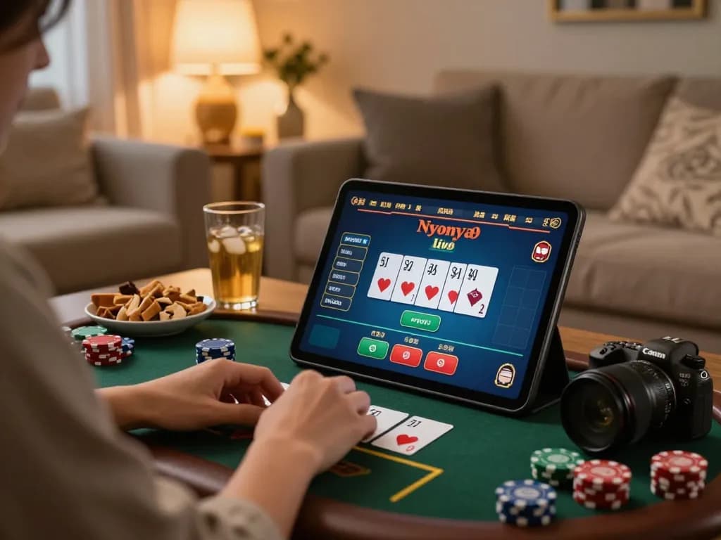 Nyonya9 online gaming experience with player engaged in poker on tablet, showcasing cozy evening atmosphere.