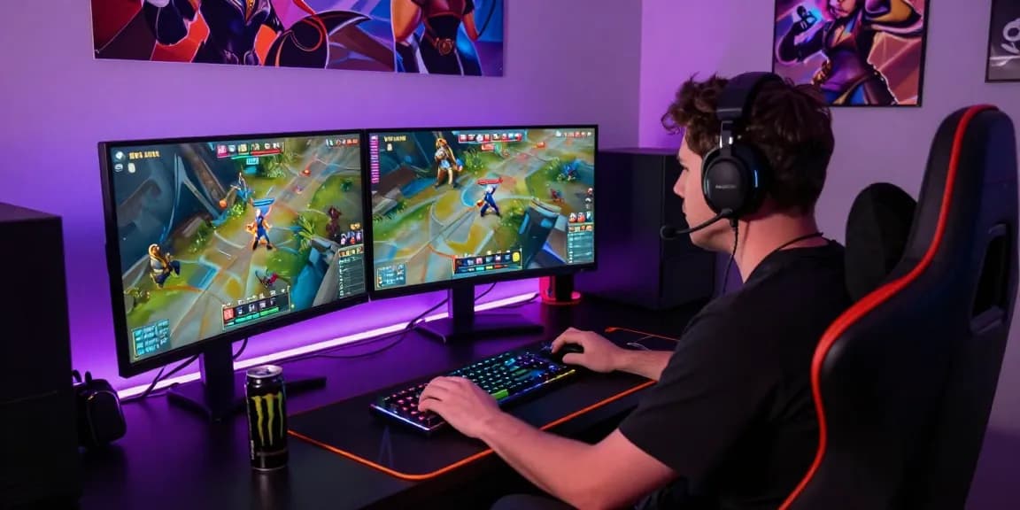 Overwatch 2 Cheat setup with multiple monitors and vibrant gaming atmosphere.