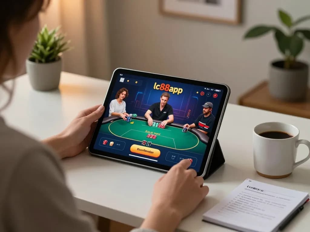 Engaged player using lc88app on tablet for online gambling strategy at home.