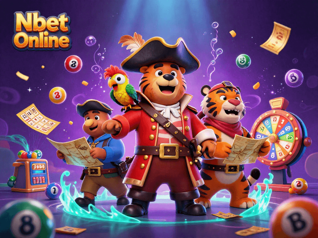 Nbet Online showcases a vibrant 3D casino scene with animated characters and lottery elements.