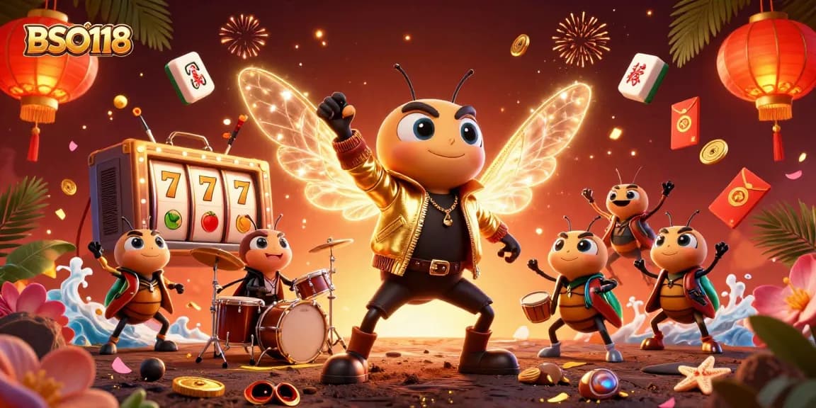 Engaging BSO118 casino scene showcasing a rock star cicada and vibrant slot game elements.