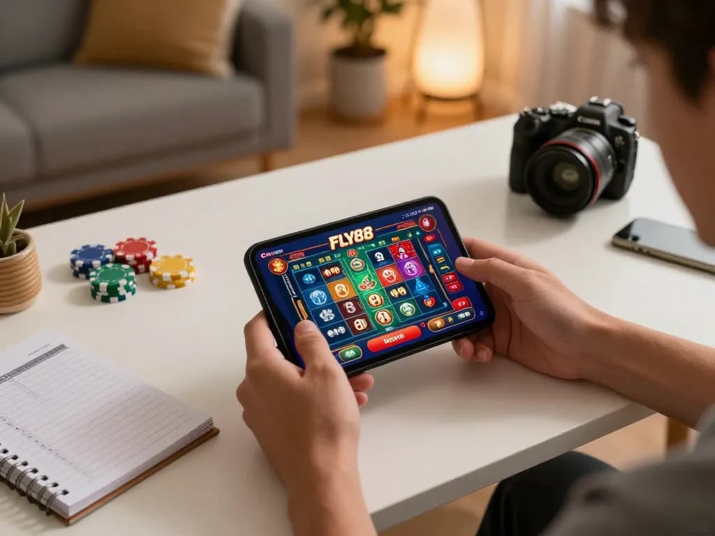 Engaging with the FLY88 casino app showcasing betting options in a cozy home setting.